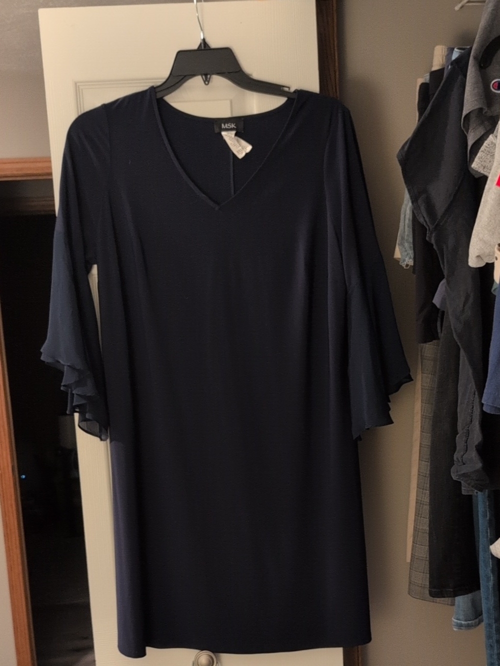 MSK Navy V-Neck Tiered Ruffle Sleeve Shift Dress